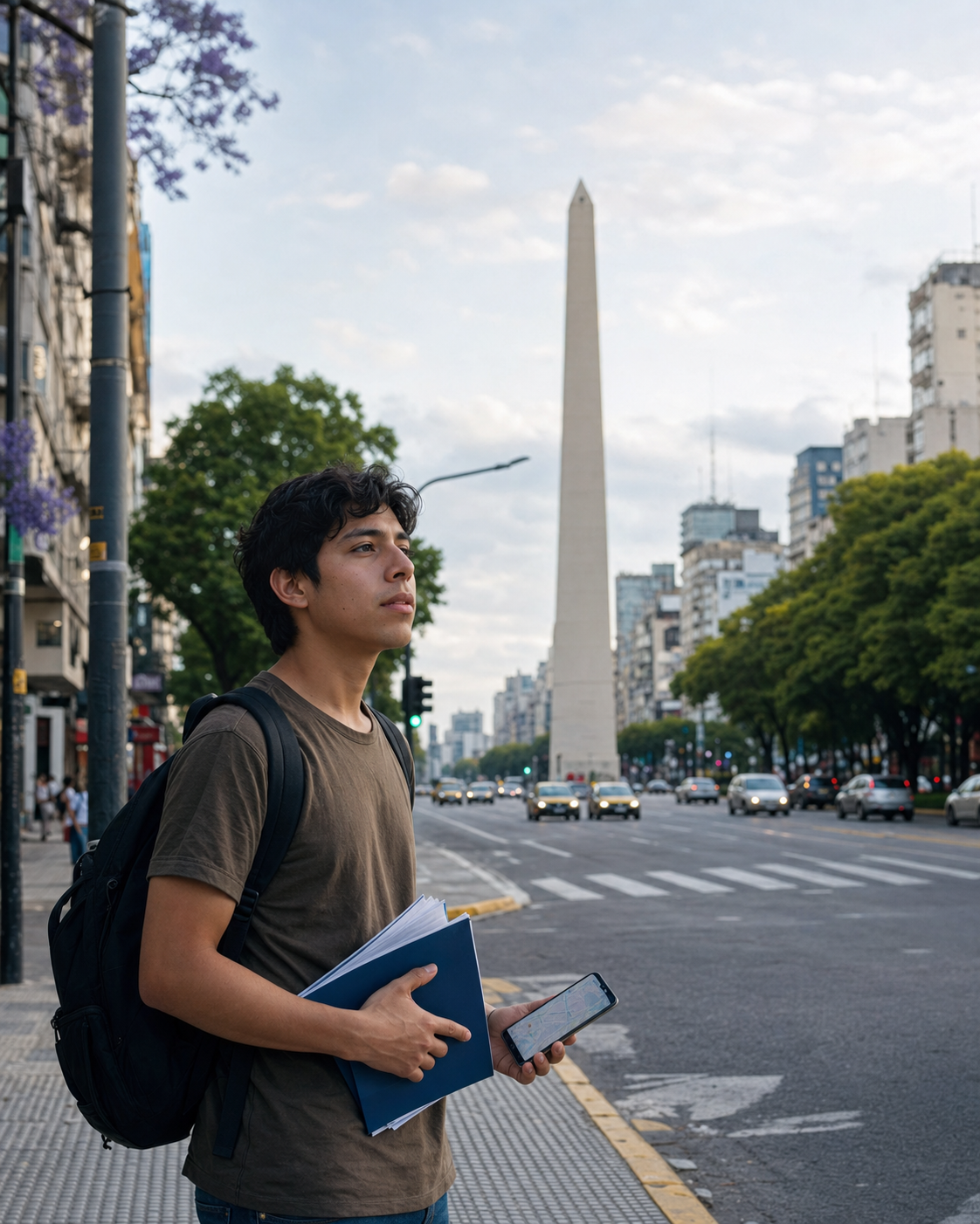 Estudiante recién llegado a Buenos Aires con documentos y el Obelisco